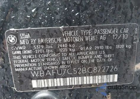 2011 BMW 535I xDrive из США, поврежденный, VIN WBAFU7C52BC872726